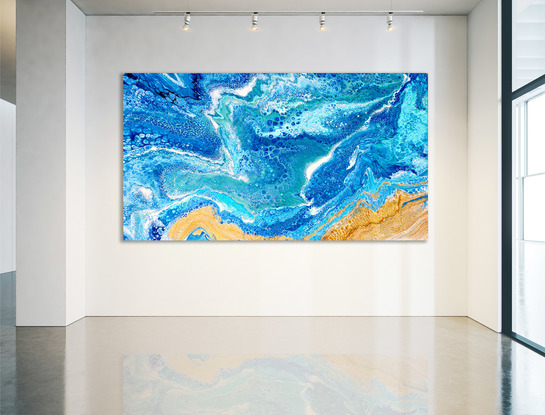 ABSTRACT painting that gives the impression of soothing ocean waves lapping in to soft sandy shore.  The intricate mosaic pattern within the tonal blue hues and the glimmering adds added interest and intrigue the close one gets to the painting. Metallics add an extra depth because the painting changes personality when one views from different angles.