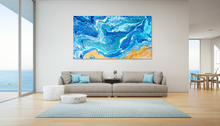 ABSTRACT painting that gives the impression of soothing ocean waves lapping in to soft sandy shore.  The intricate mosaic pattern within the tonal blue hues and the glimmering adds added interest and intrigue the close one gets to the painting. Metallics add an extra depth because the painting changes personality when one views from different angles.