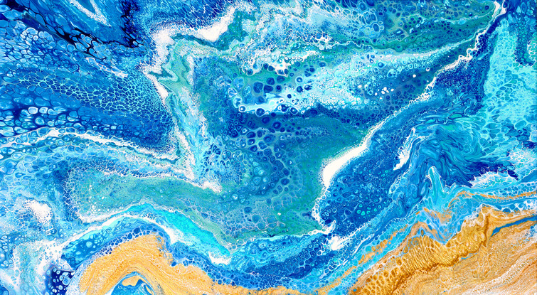 ABSTRACT painting that gives the impression of soothing ocean waves lapping in to soft sandy shore.  The intricate mosaic pattern within the tonal blue hues and the glimmering adds added interest and intrigue the close one gets to the painting. Metallics add an extra depth because the painting changes personality when one views from different angles.