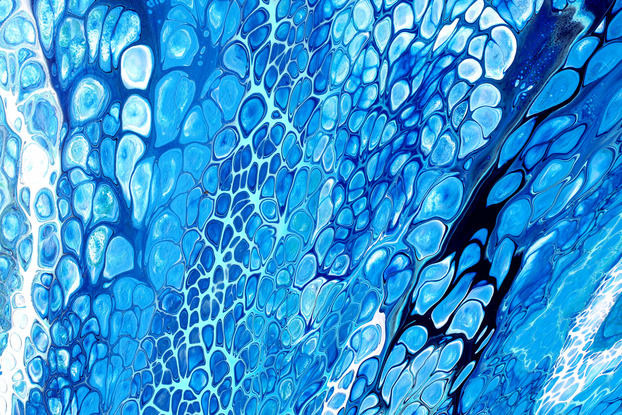 ABSTRACT painting that gives the impression of soothing ocean waves lapping in to soft sandy shore.  The intricate mosaic pattern within the tonal blue hues and the glimmering adds added interest and intrigue the close one gets to the painting. Metallics add an extra depth because the painting changes personality when one views from different angles.