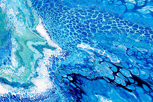 ABSTRACT painting that gives the impression of soothing ocean waves lapping in to soft sandy shore.  The intricate mosaic pattern within the tonal blue hues and the glimmering adds added interest and intrigue the close one gets to the painting. Metallics add an extra depth because the painting changes personality when one views from different angles.