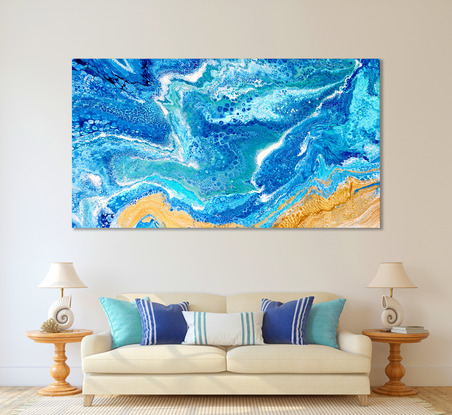 ABSTRACT painting that gives the impression of soothing ocean waves lapping in to soft sandy shore.  The intricate mosaic pattern within the tonal blue hues and the glimmering adds added interest and intrigue the close one gets to the painting. Metallics add an extra depth because the painting changes personality when one views from different angles.