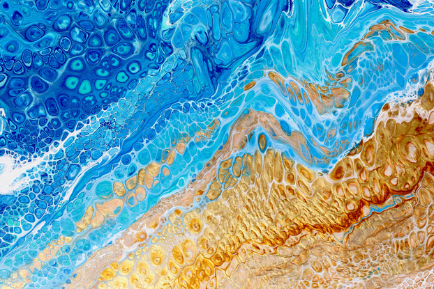 ABSTRACT painting that gives the impression of soothing ocean waves lapping in to soft sandy shore.  The intricate mosaic pattern within the tonal blue hues and the glimmering adds added interest and intrigue the close one gets to the painting. Metallics add an extra depth because the painting changes personality when one views from different angles.