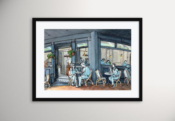 Cafe shop front with people sitting at tables.