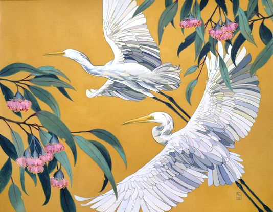 Two white egrets in flight against a golden yellow background. The scene is framed by boughs of native Australian Princess Gums in bloom.