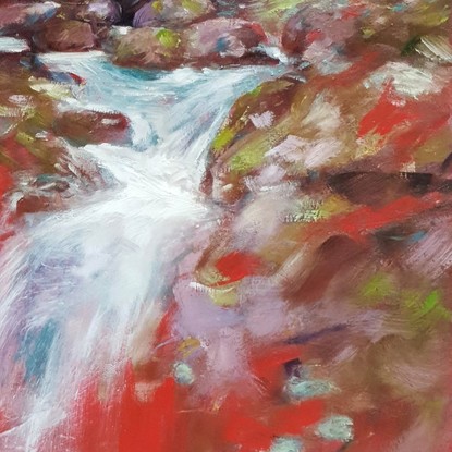 Green and red landscape oil painting with pretty river emerging from Japanese rainforest into turquoise waterfall, by Victoria Collins.