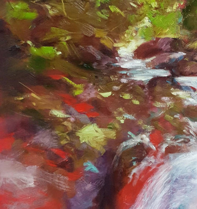 Green and red landscape oil painting with pretty river emerging from Japanese rainforest into turquoise waterfall, by Victoria Collins.