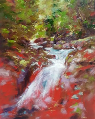 Green and red landscape oil painting with pretty river emerging from Japanese rainforest into turquoise waterfall, by Victoria Collins.