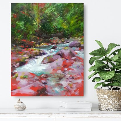 Green and red landscape oil painting with pretty river emerging from forest, by Victoria Collins.