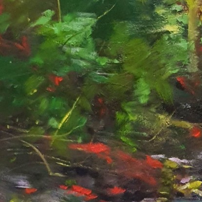 Green and red landscape oil painting with pretty river emerging from forest, by Victoria Collins.