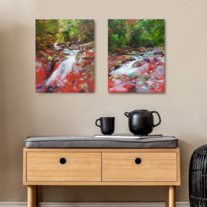 Green and red landscape oil painting with pretty river emerging from forest, by Victoria Collins.