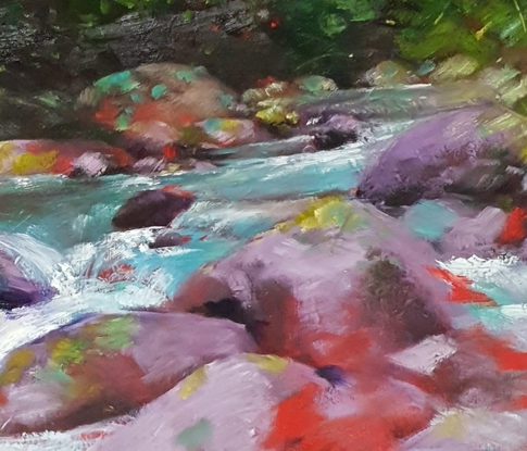 Green and red landscape oil painting with pretty river emerging from forest, by Victoria Collins.