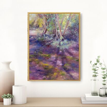 Soft impressionistic landscape oil painting of a sunlit tree and mossy path in the Australian bush, by Victoria Collins. Colours are dark purple and mauve with highlights of teal and yellow-green. 