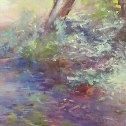 Soft impressionistic landscape oil painting of a sunlit tree and mossy path in the Australian bush, by Victoria Collins. Colours are dark purple and mauve with highlights of teal and yellow-green. 