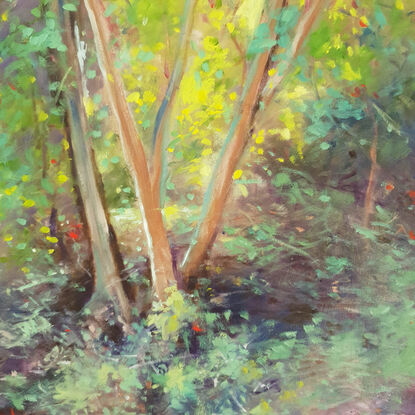 Soft impressionistic landscape oil painting of a sunlit tree and mossy path in the Australian bush, by Victoria Collins. Colours are dark purple and mauve with highlights of teal and yellow-green. 