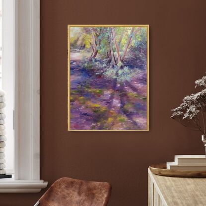 Soft impressionistic landscape oil painting of a sunlit tree and mossy path in the Australian bush, by Victoria Collins. Colours are dark purple and mauve with highlights of teal and yellow-green. 