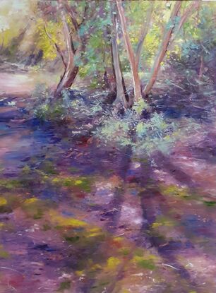 Soft impressionistic landscape oil painting of a sunlit tree and mossy path in the Australian bush, by Victoria Collins. Colours are dark purple and mauve with highlights of teal and yellow-green. 