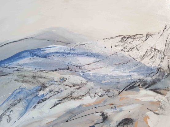 A large abstract landscape of the Victorian Alpine region in mixed media in pale blue, cream, beige and grey.