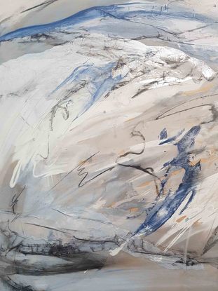 A large abstract landscape of the Victorian Alpine region in mixed media in pale blue, cream, beige and grey.