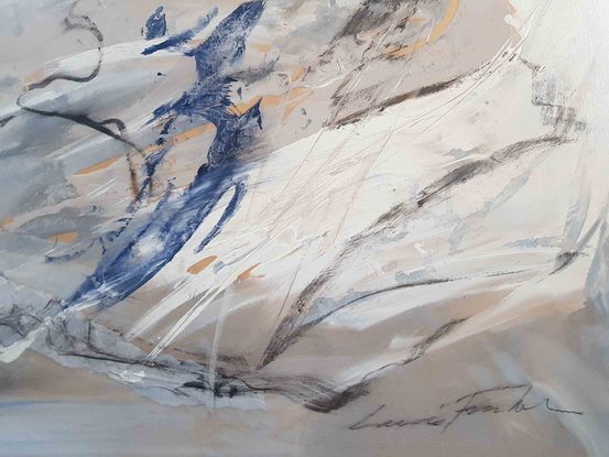 A large abstract landscape of the Victorian Alpine region in mixed media in pale blue, cream, beige and grey.