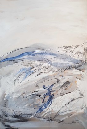 A large abstract landscape of the Victorian Alpine region in mixed media in pale blue, cream, beige and grey.