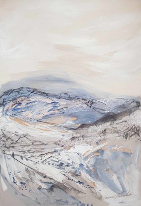 A large abstract landscape of the Victorian Alpine region in mixed media in pale blue, cream, beige and grey.