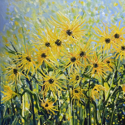 Bold sunflowers swaying gently in the field. The flowers are like rays of the sun and spread warmth and happiness. 