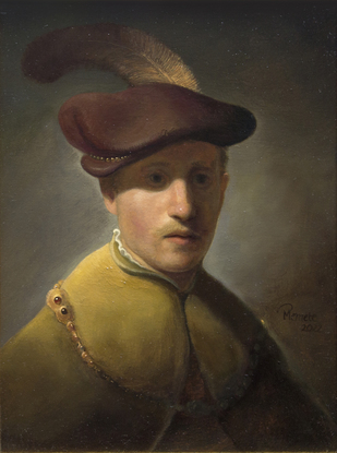 Young man with gold chain and plumed hat.