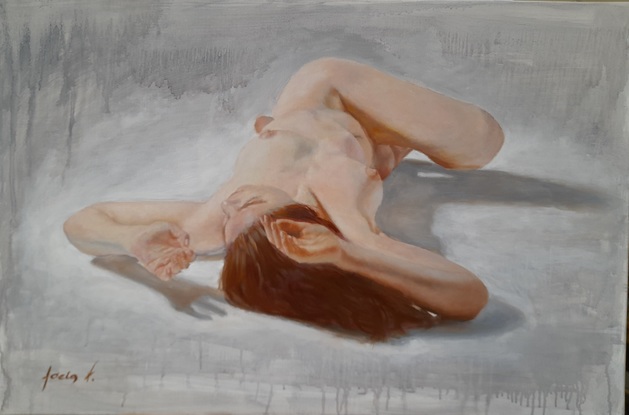 Foreshortened lying female nude on a hard floor.