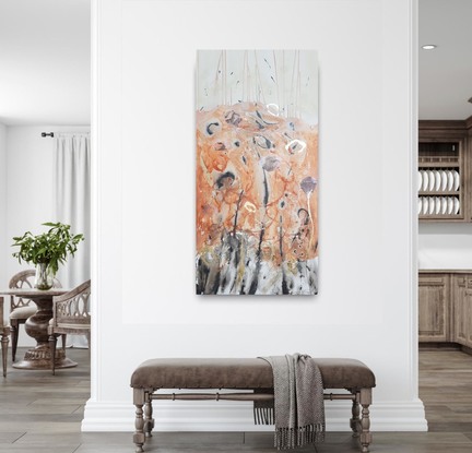 a large abstract landscape in shades of gold, brown, black, blue and white inspired by wild grass and sand dunes australian native and indigenous plants