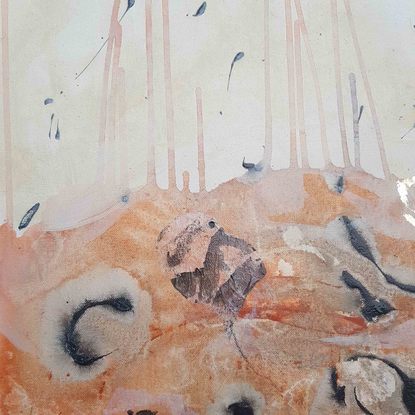 a large abstract landscape in shades of gold, brown, black, blue and white inspired by wild grass and sand dunes australian native and indigenous plants