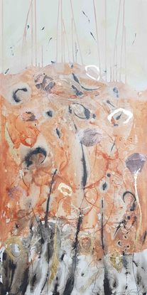 a large abstract landscape in shades of gold, brown, black, blue and white inspired by wild grass and sand dunes australian native and indigenous plants