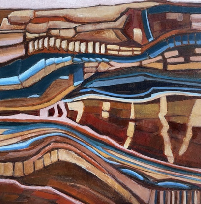 An abstract original artwork, painted in acrylics, by Kirsty Gautheron of a detailed portion of an ancient rock wall.