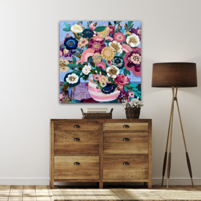 Square textured oil painting featuring Pink and white striped vase full of flowers on purple table