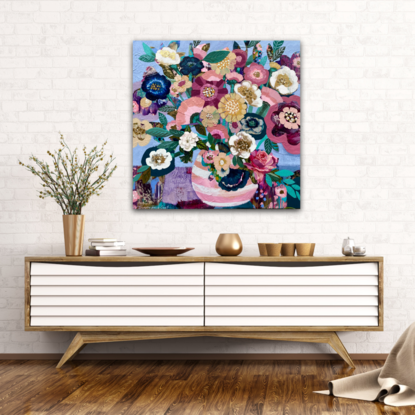 Square textured oil painting featuring Pink and white striped vase full of flowers on purple table