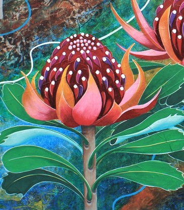 An abstract background in subdued colours of blues and browns indicates a shady slope with textured light and dark tree trunks. The foreground focuses on two vibrant red waratahs painted in a graphic style. 