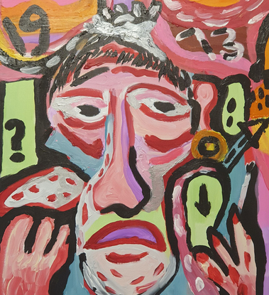 Using pinks, blue and red, a self portrait with question mark. 