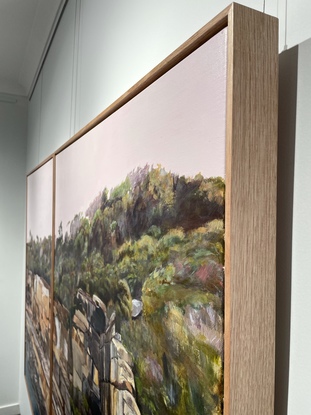 An original diptych by Kirsty Gautheron with a multi ochre coloured and multi faceted rock wall , Australian bush on top and turquoise ocean below.