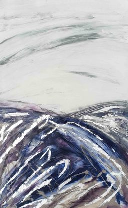 A large abstract landscape of the snow mountains region in purple, violet navy blue, dark blue and silver with grey and taupe.