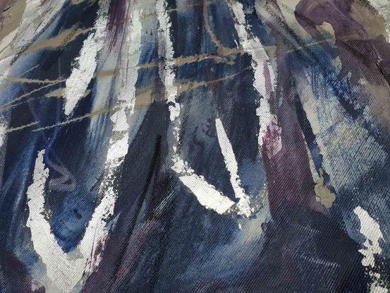 A large abstract landscape of the snow mountains region in purple, violet navy blue, dark blue and silver with grey and taupe.