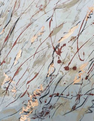 An abstract of wild grass and leaves in dark brown, beige and white with copper leaf.  