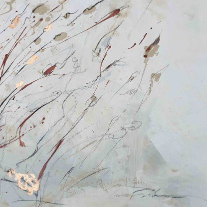 An abstract of wild grass and leaves in dark brown, beige and white with copper leaf.  