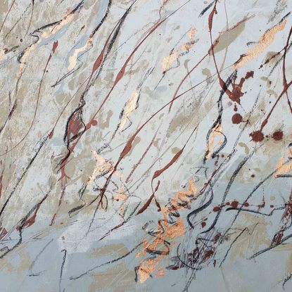 An abstract of wild grass and leaves in dark brown, beige and white with copper leaf.  