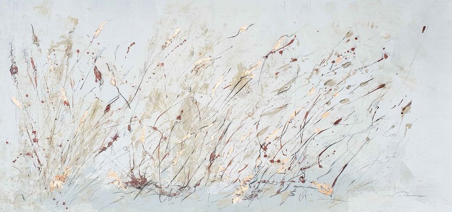 An abstract of wild grass and leaves in dark brown, beige and white with copper leaf.  