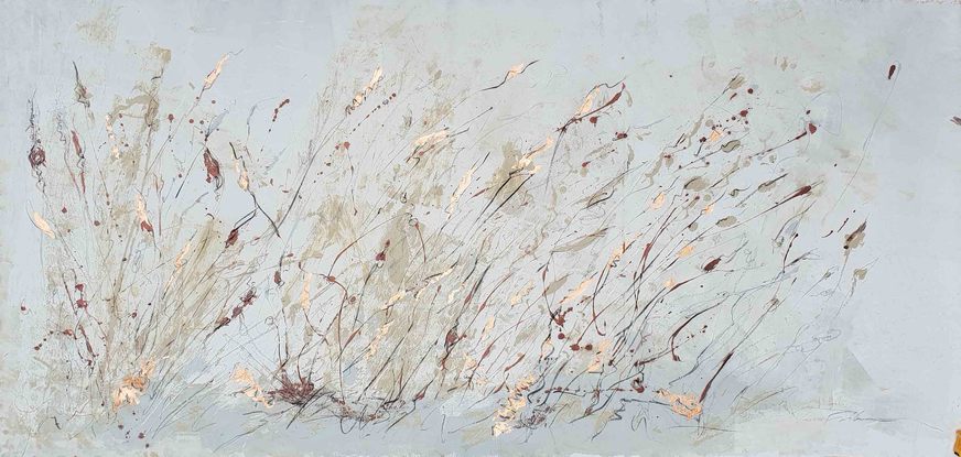 An abstract of wild grass and leaves in dark brown, beige and white with copper leaf.  