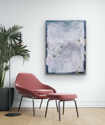 Fun, layered abstract painting with cool, moody colour palette