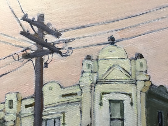 This is a painting of an old building on Darling Street In  East Balmain. While it is basically realistic it is not phot realism but more an expressionist style. The sky is pink as it is early evening and the building has a yellow glow.