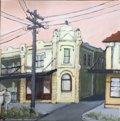 This is a painting of an old building on Darling Street In  East Balmain. While it is basically realistic it is not phot realism but more an expressionist style. The sky is pink as it is early evening and the building has a yellow glow.