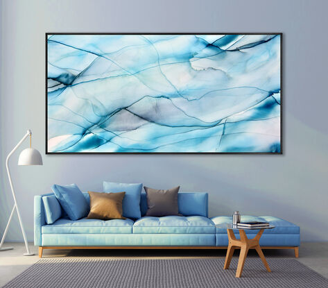 This painting gives an impressionistic feeling of being in the landscape rom the mountains to the sea with soft layer over soft layer. there is a beautiful combination of teals, aquamarine, greys, winter lake, doran grey and the tonal blues.