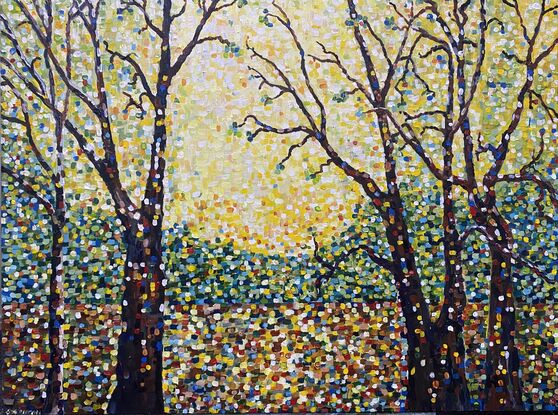 Brilliant sparkles of sunshine against the strong trees. Dots of splashy colour. Pointillism magic at work.  This work has been painted as though the viewer is looking out a window at a snippet of the landscape.  I love the skill and interpretation of the impressionists and post impressionists and this s my salute to the great master, Georges Seurat. 